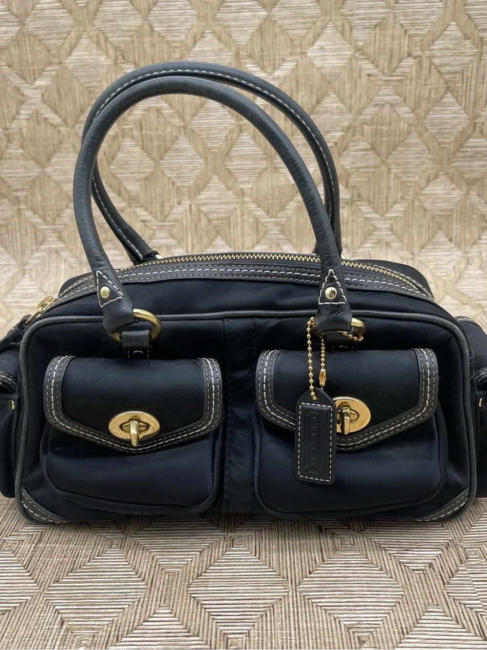 Vtg COACH Y2K Legacy Turnlock Blk Leather & Nylon Mini Boston Satchel Bag 4452